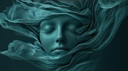 A serene and calm 3D woman face with soft dark waves wrapping around her, set against a gradient of dark blue to green for a peaceful ambiance