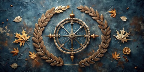 Fototapeta premium Ornate Compass Rose Adorned with Autumn Leaves on a Dark Textured Background