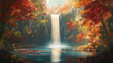Autumn Waterfall Serenity Peaceful forest scene with a cascading waterfall, ideal for relaxation or nature themes