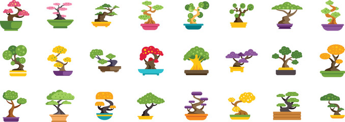 Obraz premium Different types of bonsai trees are growing in colorful pots, showcasing the art of miniature tree cultivation