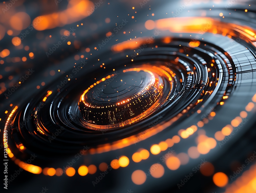 Poster dynamic swirling patterns and glowing lights create a futuristic ambiance in this abstract digital d