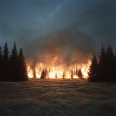 Flames rage through a dense forest under a twilight sky as nature faces a fierce and destructive wildfire event. Generative AI