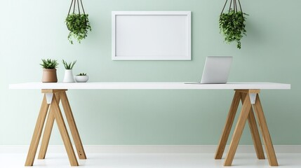 Modern Minimalist Workspace with Greenery and Laptop on White Desk