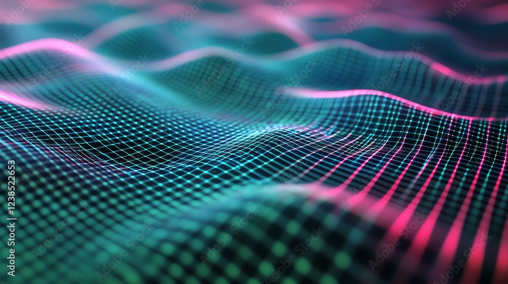 Poster abstract digital pattern of wavy lines with vibrant colors in a grid formation showcasing depth and 
