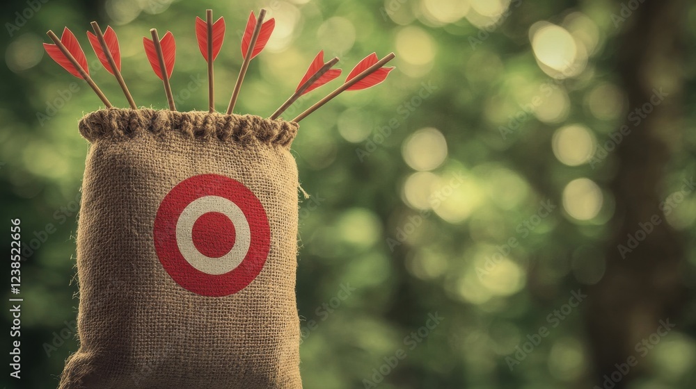Poster target your customers - three arrows hit in red target on a hanging sack on green bokeh background.