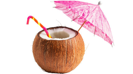 Fresh coconut cocktail with pink umbrella and straw on transparent background