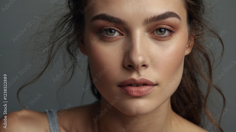 Poster model showcasing natural beauty with soft features and a serene expression in a studio setting durin