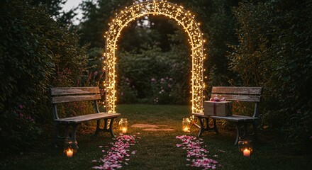 Quaint garden arch wrapped in fairy lights, a trail of rose petals leading to a gift box on a bench32
