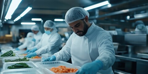 Workers in an industrial food processing plant, wearing hairnets and gloves, rapidly packaging pre-cut vegetables into plastic containers