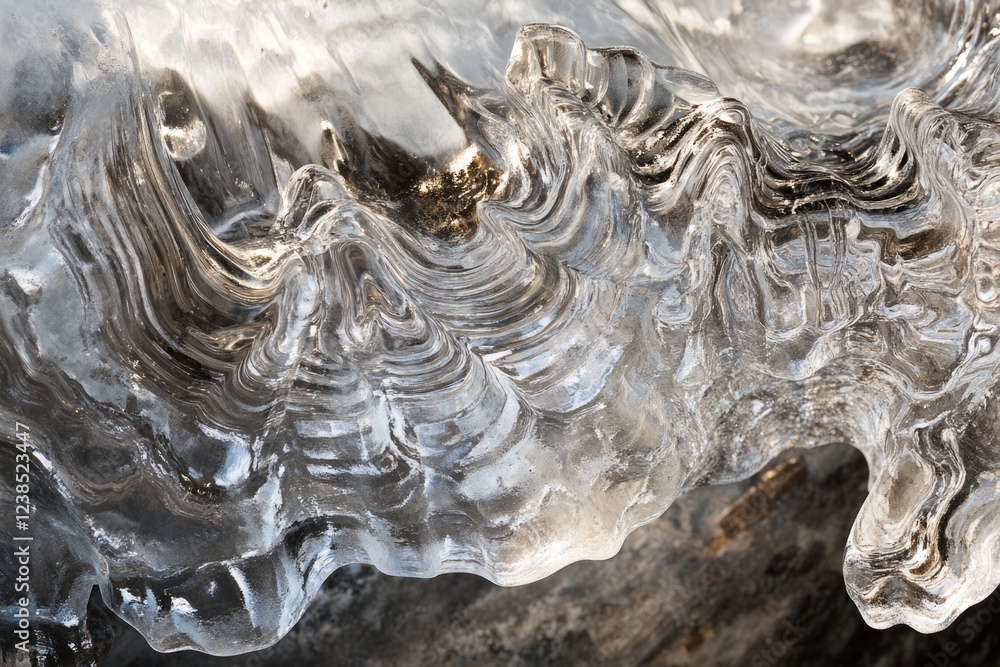 Poster abstract ice formation with flowing, swirling patterns and textures, creating a mesmerizing natural 