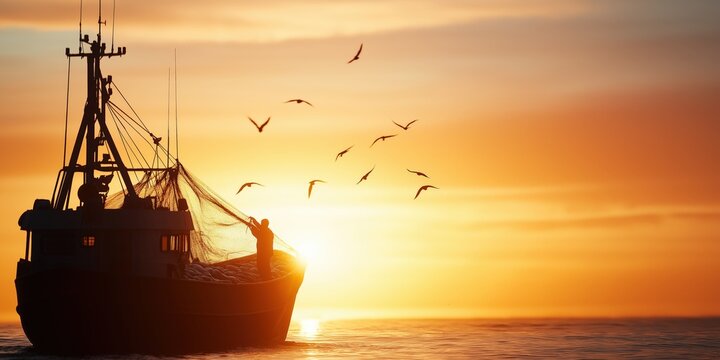 A rugged fisherman on a small fishing trawler, pulling in heavy nets overflowing with fresh fish
