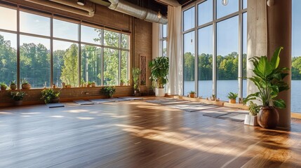 Fototapeta premium A serene yoga studio with wooden floors, potted plants, and large windows