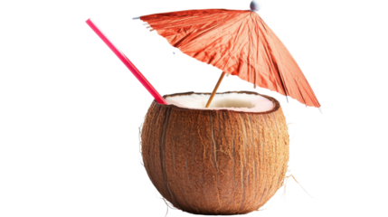 Fresh coconut cocktail with straw and umbrella on transparent background