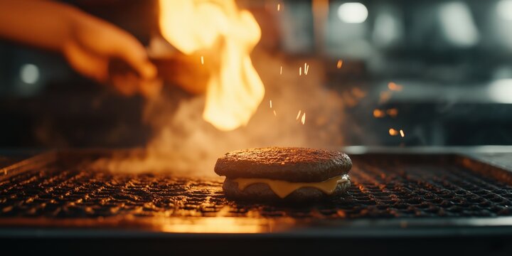 A slow-motion shot of a worker flipping a burger patty on a sizzling grill