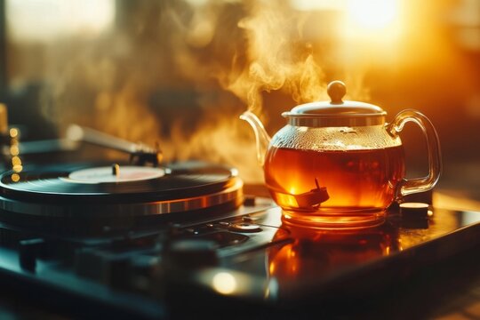A person listening to vinyl records and sipping tea, unwinding after a long week on a weekend afternoon