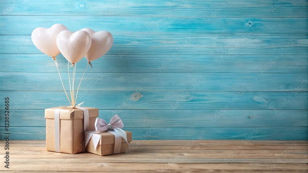 Poster heart-shaped balloons float above a pair of gift boxes on a rustic wooden surface against a teal bac