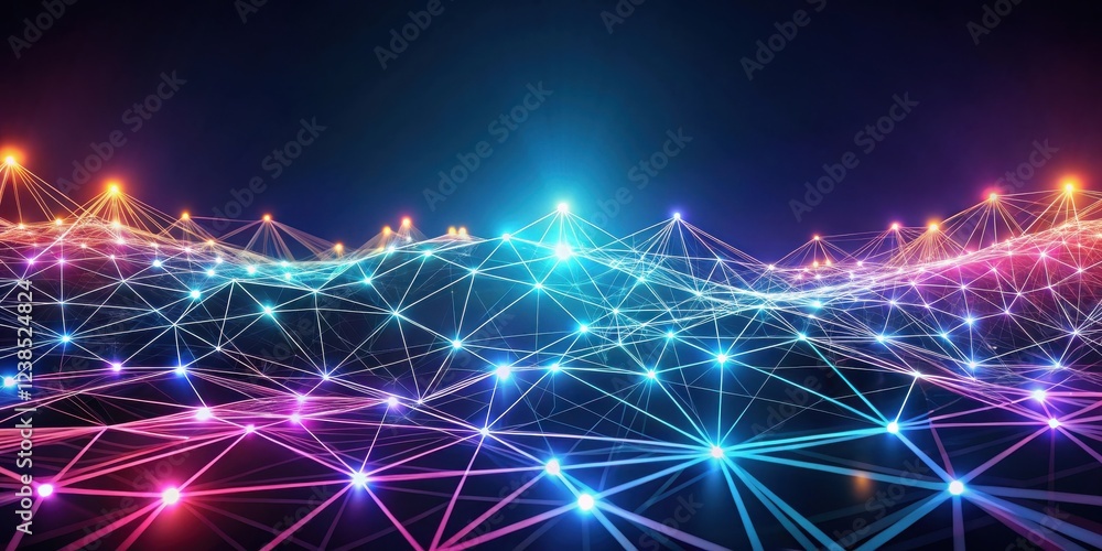 Poster illuminated network a vibrant digital landscape of interconnected nodes and glowing lines representi