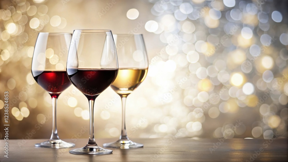 Poster celebration scene three wine glasses filled with red and white wine on a table with a sparkling back