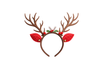 A festive headband featuring brown antlers, red felt ears, and holly with berries. Perfect for cheerful holiday celebrations or costumes, isolated on a transparent background