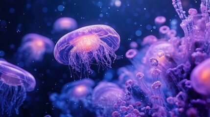 Fototapeta premium Bioluminescent Jellyfish Swim Among Ocean Flora