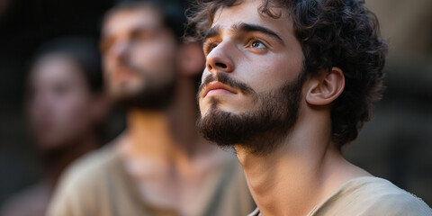 Obraz premium Portrait of a Young Man with Two Blurred Figures in the Background