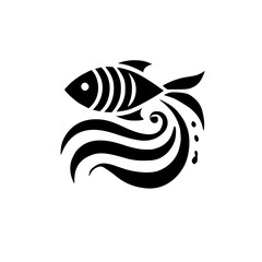 Abstract Fish in Waves: Black and White Marine Life Design.  A stylized graphic illustration of an aquatic animal swimming in the ocean, perfect for nature and wildlife themed projects.