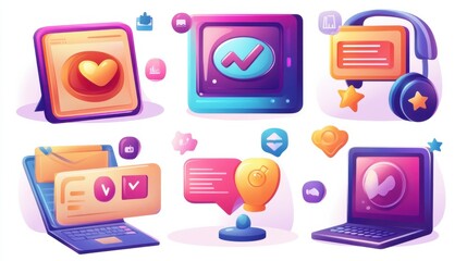 Website ranking icons cartoon set. Desktop chat messages. Technical support, hotline. Satisfaction and loyalty, customer care, rating site metaphors. Vector isolated concept metaphor illustrations