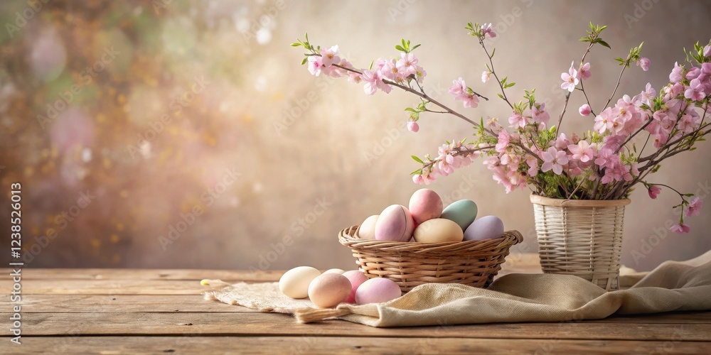 Aufkleber pastel easter eggs in a wicker basket with blossoming branches on a rustic wooden table