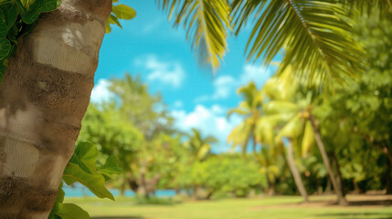 A captivating close-up of textured palm trunks highlights the vibrant greenery of a tropical paradise. This idyllic spot invites adventure, relaxation, and a true escape from daily life