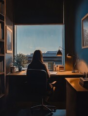 Room area with woman working at the desk