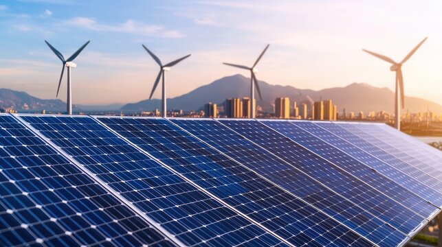 Climate action concept. Solar panels and wind turbines harnessing renewable energy at sunset near the city.