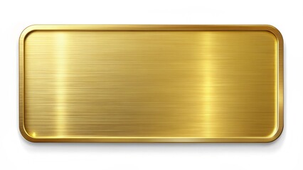 Rectangular gold metal plate with a smooth, polished surface and rounded edges, showcasing a reflective finish. Ideal for design and branding purposes. Isolated on white background,
