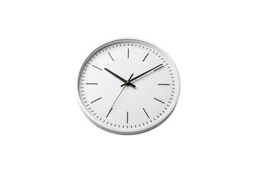 A modern white wall clock with a textured dial and black hands, isolated on a transparent background