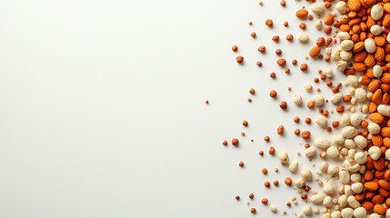 colorful arrangement of mixed nuts scattered on light background, showcasing various shapes and sizes, creating visually appealing and healthy snack option