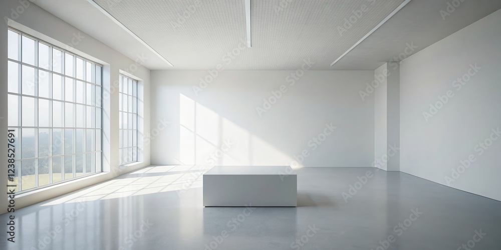 Poster minimalist interior empty gallery space with large windows and sunlit floor