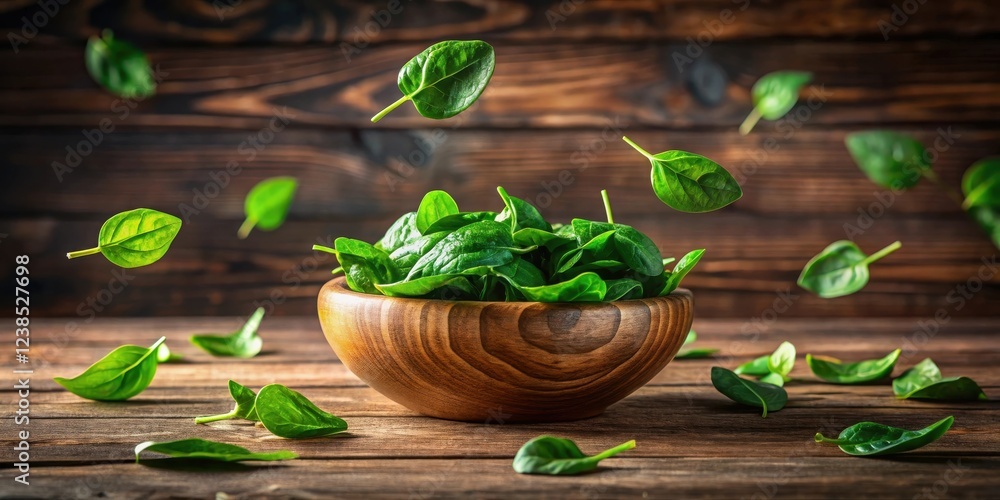 Poster fresh spinach leaves falling into a wooden bowl on a rustic table