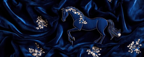 A richly embroidered blue fabric features a majestic horse design, complemented by delicate floral details in a luxurious, silky texture.