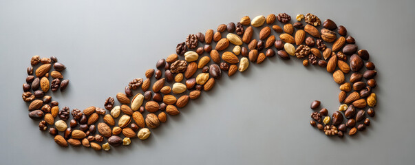modern arrangement of mixed nuts forming spiral shape, showcasing various textures and colors, perfect for healthy snacking or decoration