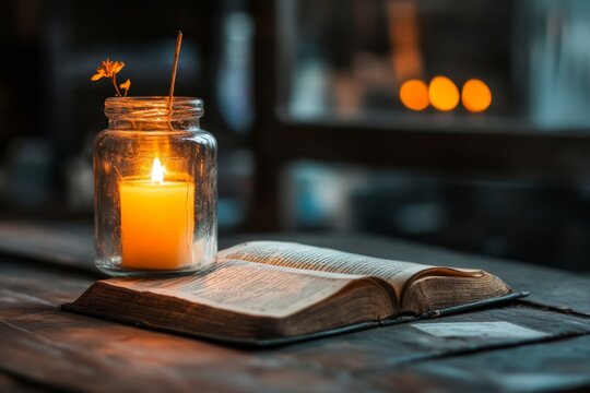 A shadowy, candlelit room with an ancient book that transforms its text depending on the reader, symbolizing knowledge that adapts