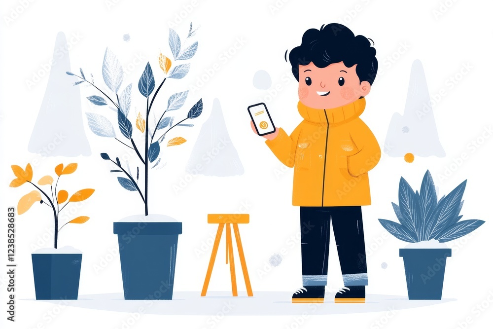 Poster a simple 2d depiction of a customer making an online deposit through a smartphone, with a bright, mo