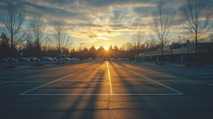Fototapeta premium Sunset over empty parking lot, buildings in background, peaceful evening scene, website banner