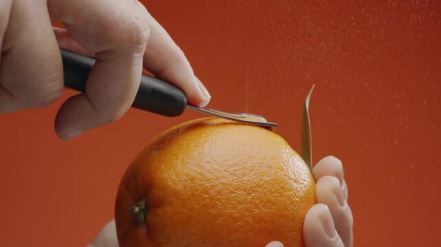Getting orange peel with a special kitchen tool, orange juice with essential oils sprinkling out under the cut on orange background. Slow motion macro video. 