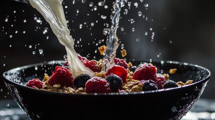 bowl of granola topped with fresh berries is splashed with milk, creating dynamic and refreshing scene. droplets of milk and water add lively touch to breakfast setting