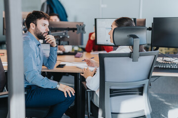 Two diverse colleagues engage in a professional discussion in a modern office environment,...