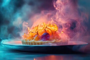 A fruit tart with caramelized sugar decoration, emitting smoke, beautifully lit in vibrant hues.