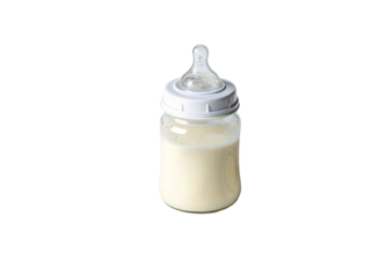 A small glass baby bottle filled with milk, topped with a translucent silicone nipple and a secure white cap for infant feeding, isolated on a transparent background