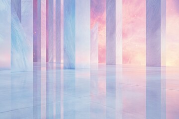 Pastel-colored marble pillars stand in a glossy, reflective floor against a dreamy, pink and purple sky.