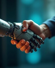 A symbolic handshake between a human hand and a robotic arm, representing the collaboration between artificial intelligence and humanity, the future of technology, and human-machine partnership

