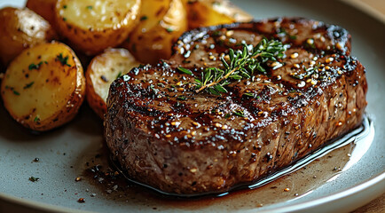 A beautifully plated steak and potatoes dish on a rustic wooden table. The steak is perfectly seared, medium-rare, with a rich brown crust and a juicy pink center.