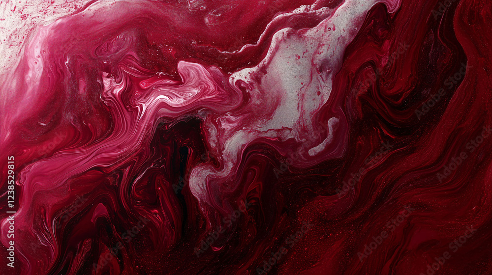 Poster vivid liquid background with dramatic swirls of deep red and hints of silver creating an artistic di